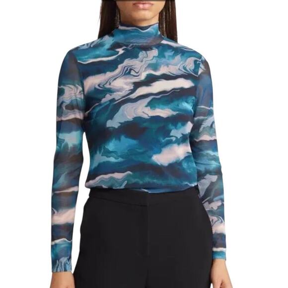 Anne Klein Tops - ANNE KLEIN ZIP BLOUSE BLUE MULTI MESH STRETCH SMALL LONG SLEEVE TURTLENECK
